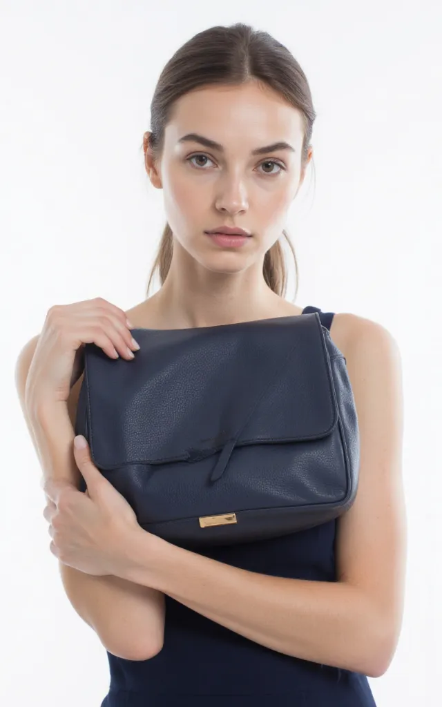 A French female model with a Flap   over bag, wearing a dress, against a white background, in a front   facing close   up